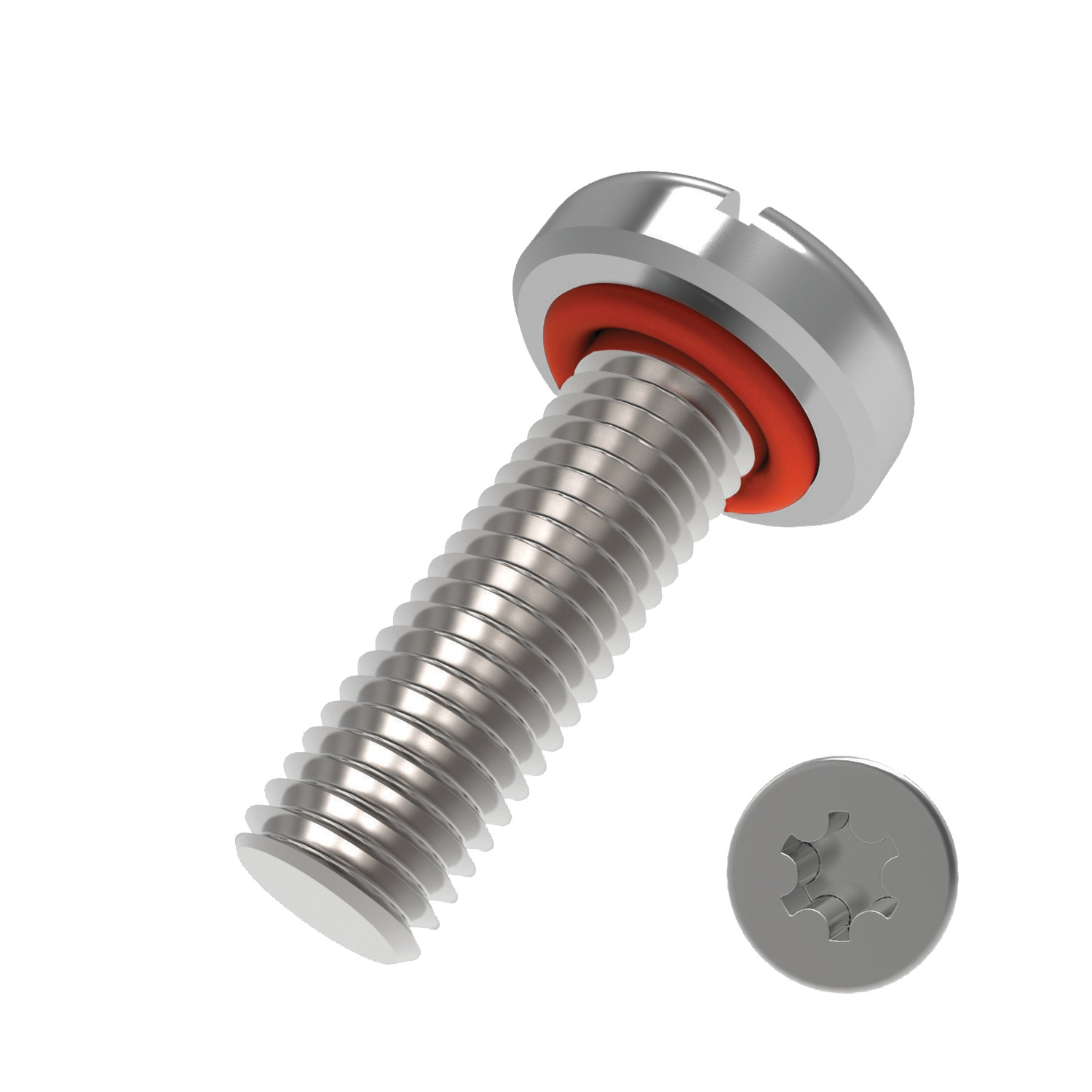 sideway view of pan head silver sealing screw with red silicone o-ring under head,  torx drive view of head